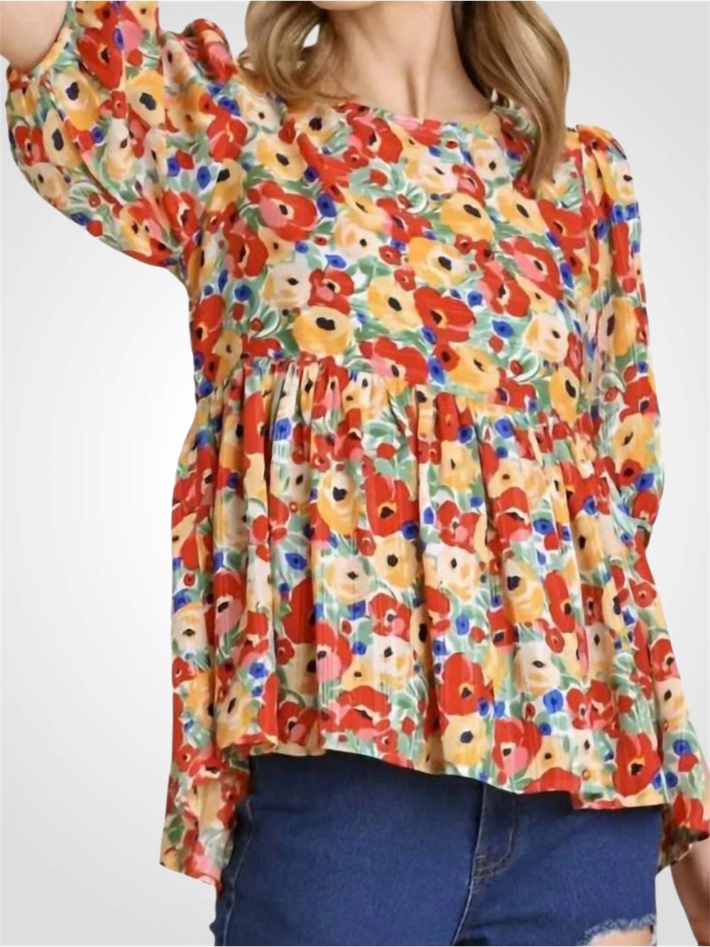 Umgee Floral Puff Sleeve Peplum Top in Red, Yellow, Green & Blue Large